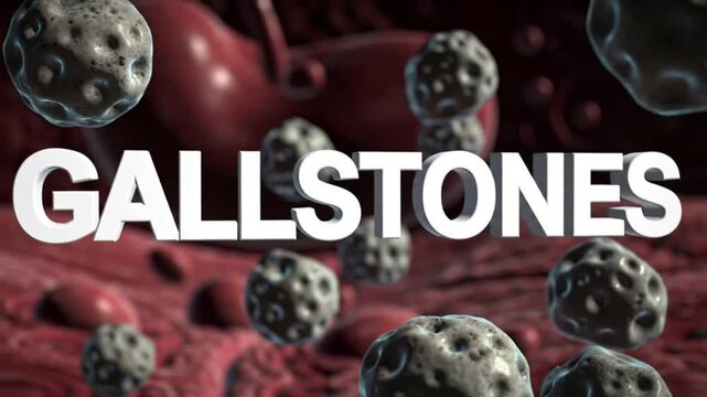Sharp 3D &ldquo;GALLSTONES&rdquo; Text Over Blurred Gallbladder and Stone Textures &ndash; Digestive Health and Medical Animation

