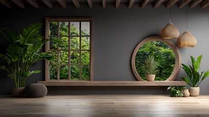 Tranquil modern zen interior with plants and a view of lush greenery