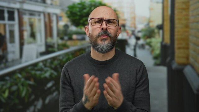 Caucasian man with glasses and beard gestures pleadingly in an urban outdoor setting with blurred background suggesting a bustling town street atmosphere
