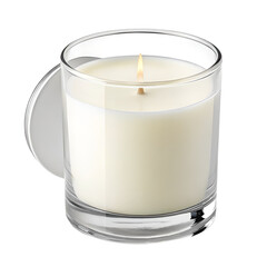 White scented candle in a transparent cylindrical glass jar. A minimal home decor and relaxation item, isolated on a transparent background