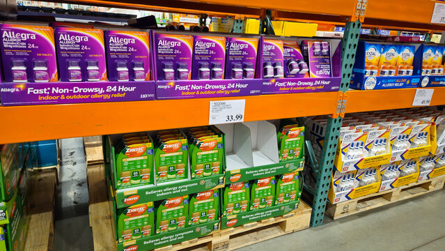 An aisle of allergy medications in a big box store in May 2025. Editorial Use Only.
