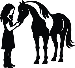 Girl and horse silhouette for emotional bond themes, Equine care vector design with child and horse