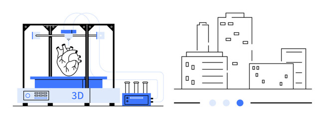 3D printer crafting a detailed heart model alongside a minimalistic cityscape. Ideal for technology, innovation, healthcare, future, urban development, education, simple landing page