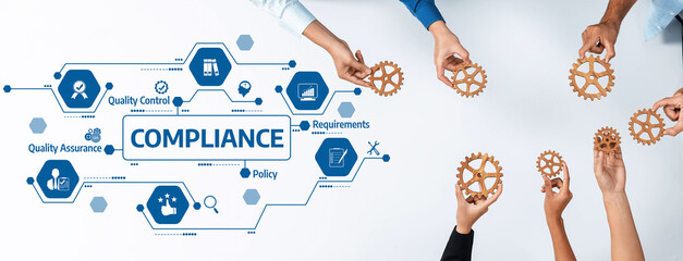 Image showcasing hands holding gears symbolizing teamwork in compliance, policy, and quality control within a professional business environment. Amity