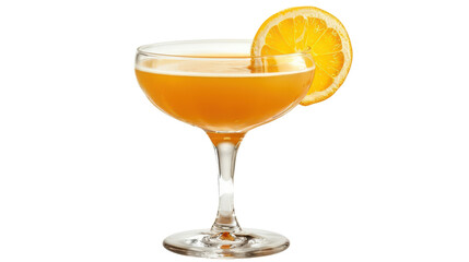 A vibrant orange cocktail garnished with a slice of orange in a stylish glass, set against a plain background