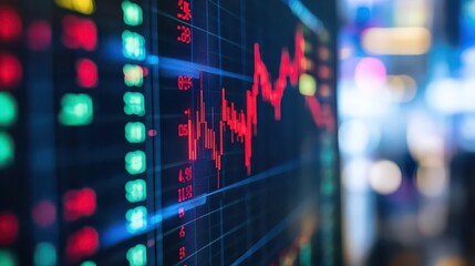 A close up of a digital screen showing a red stock market graph with blue grid lines and bokeh lights
