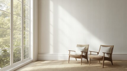 Sunlit, empty room with elegant armchairs and large windows.