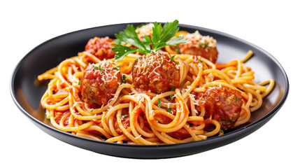 Delicious spaghetti and meatballs served in a black bowl with parsley garnish