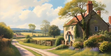 Village home painting, Rural house art, Village scene canvas, Traditional home painting, Countryside home, Rustic house painting, Village life art, Oil painting village home, Watercolor village house,