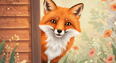 Obraz premium An illustration of a fox peeking around a wooden door with flowers in the background and a cute smile