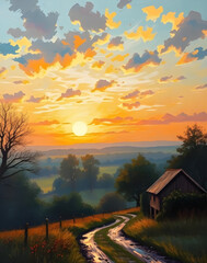 country sunset view, glowing sky countryside, peaceful rural sunset, oil painting twilight landscape, farmland dusk painting, countryside home sunset, sunset over meadows, countryside road at sunset, 