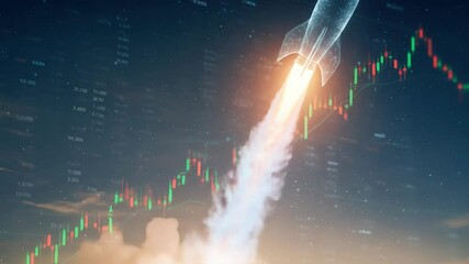 Holographic rocket takes off with stock market chart backdrop. concept of rapid financial growth and investment success. global business future footage. - Powered by Adobe