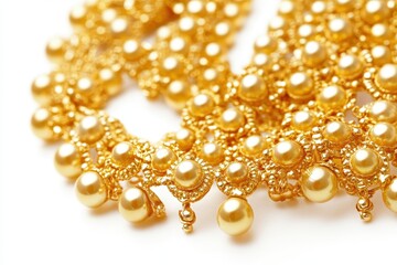 Obraz premium Elegant Gold Necklace with Pearls and Gems on a White Canvas for Christmas Jewelry Inspiration