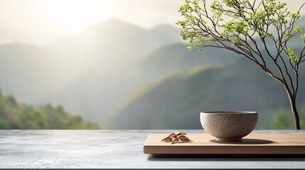 Tranquil mountain scene with tea bowl