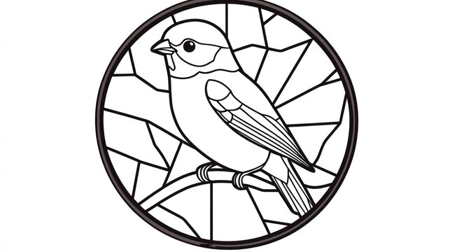 Sparrow Perched on Branch Within Circular Stained Glass Design
