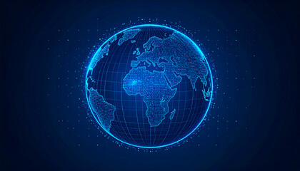 Naklejka premium A glowing digital globe representing Earth, with bright blue lines and dots on a dark background, highlighting continents and global connectivity.