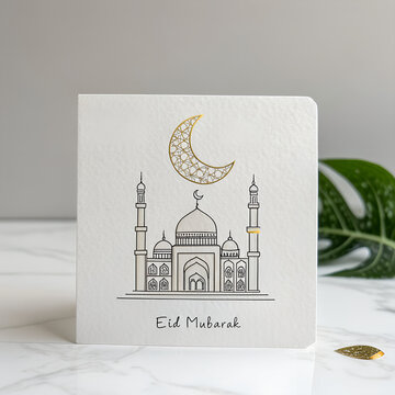 Eid greeting card design with ornate islamic pattern and golden crescent moon festive minimalist elegant style