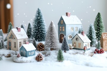 Fototapeta premium Cheerful Holiday Village: Miniature Snowy Scene with Elegant Christmas Trees and Cozy Houses on a White Table