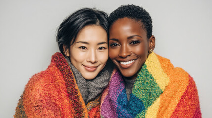 Portrait of a loving lesbian couple an East Asian woman and a Black woman wrapped together in a rainbow Pride flag. 
