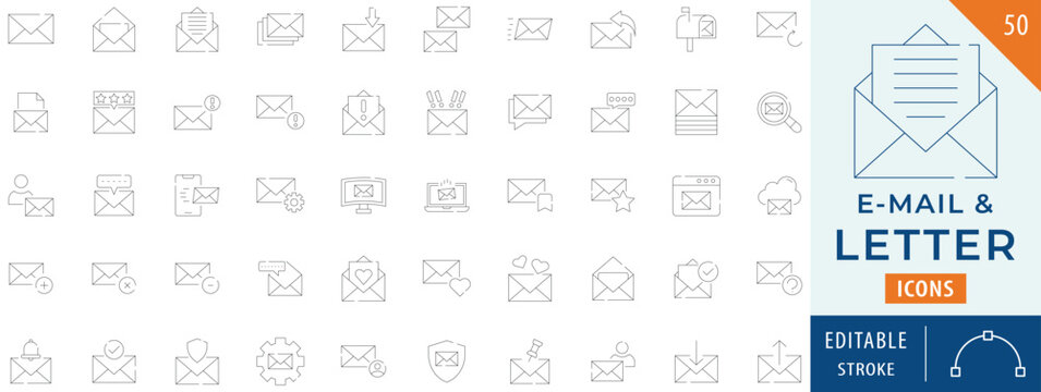 Email icon collection set. Containing mail, envelope, postal letter, and more. Editable stroke.