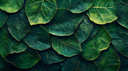 Fototapeta premium Close-up view of overlapping leaves with intricate venation patterns.