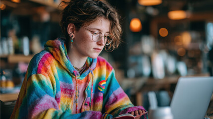 Young LGBTQ+ entrepreneur working at a laptop in a trendy  cafe rainbow pin on backpack