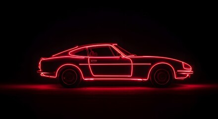 Futuristic Neon Car Silhouette: A Classic Vehicle Outlined in Red Light Against a Dark Backdrop, Evoking Retro-Futurism, Technology, and Automotive Design Elegance