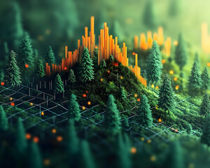 Forest landscape with graphical data visualization.