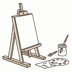Wooden easel with blank canvas paintbrushes and palette art supplies