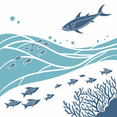 Underwater scene with tuna fish schooling smaller fish coral reef