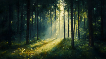 Naklejka premium Sunlight filtering through a dense forest.