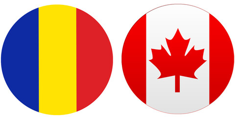 Canada Official flag with Chad national flag, both countries flags are in Round shape and isolated on white background, Circular colorful design Flag with together.