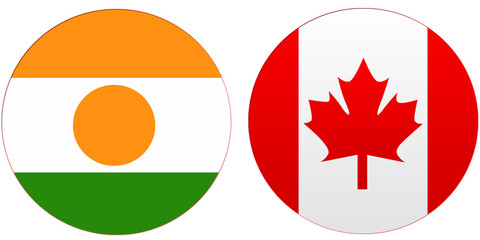 Canada Official flag with Niger national flag, both countries flags are in Round shape and isolated on white background, Circular colorful design Flag with together.