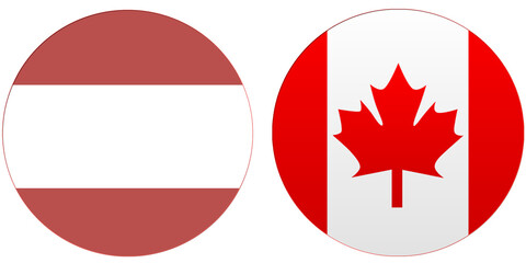 Canada Official flag with Latvia national flag, both countries flags are in Round shape and isolated on white background, Circular colorful design Flag with together.