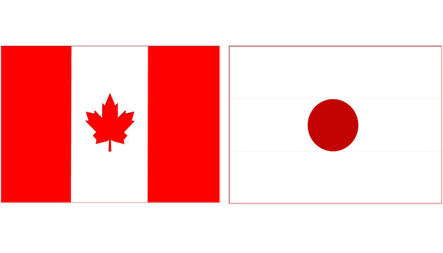 Canada national flag with Japan Official flag, both countries flags are in Horizontal shape and isolated on white background, Rectangular colorful design Flag with together.