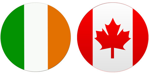 Canada Official flag with Ireland national flag, both countries flags are in Round shape and isolated on white background, Circular colorful design Flag with together.