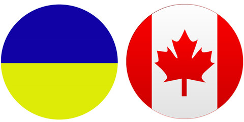 Canada Official flag with Ukraine national flag, both countries flags are in Round shape and isolated on white background, Circular colorful design Flag with together.