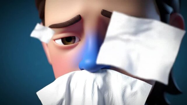 Cartoon Blue Nose Character Sad with Tissues Flying Around &ndash; Common Cold and Flu Symptom Illustration

