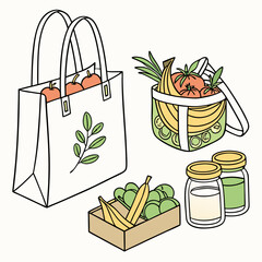 Reusable shopping bag healthy food grocery shopping apples bananas tomatoes greens