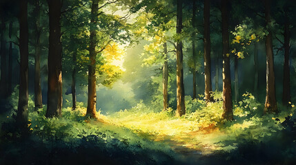 Fototapeta premium Sunlight streams through a tranquil forest.