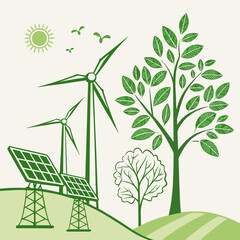 Green energy sustainable power windmills solar panels trees
