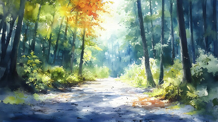 Fototapeta premium Sunlit path through a tranquil forest.