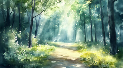 Fototapeta premium Sunlit path through a misty forest.
