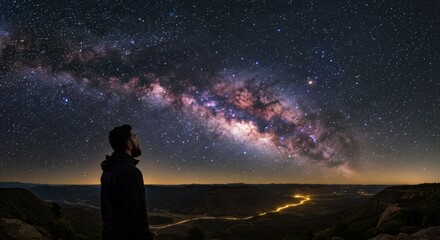 Fototapeta premium Stargazer admiring the milky way galaxy over scenic mountain landscape