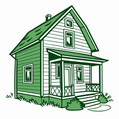 Charming green house illustration suburban home cottage style