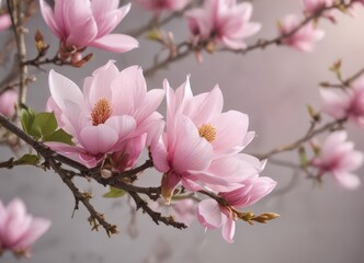Delicate pink magnolia blossoms on a branch against a blurred background , bloom photography, delicate