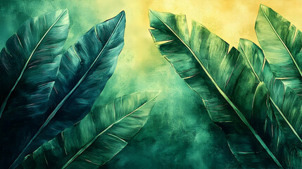 Detailed tropical banana leaf artwork in muted greens and yellows.