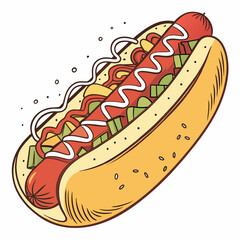 Delicious hot dog with mustard ketchup relish onions