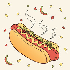 Delicious hot dog with mustard and relish festive food illustration