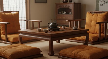 Fototapeta premium Tea Ceremony Arrangement with Teapot and Cups on Wooden Table